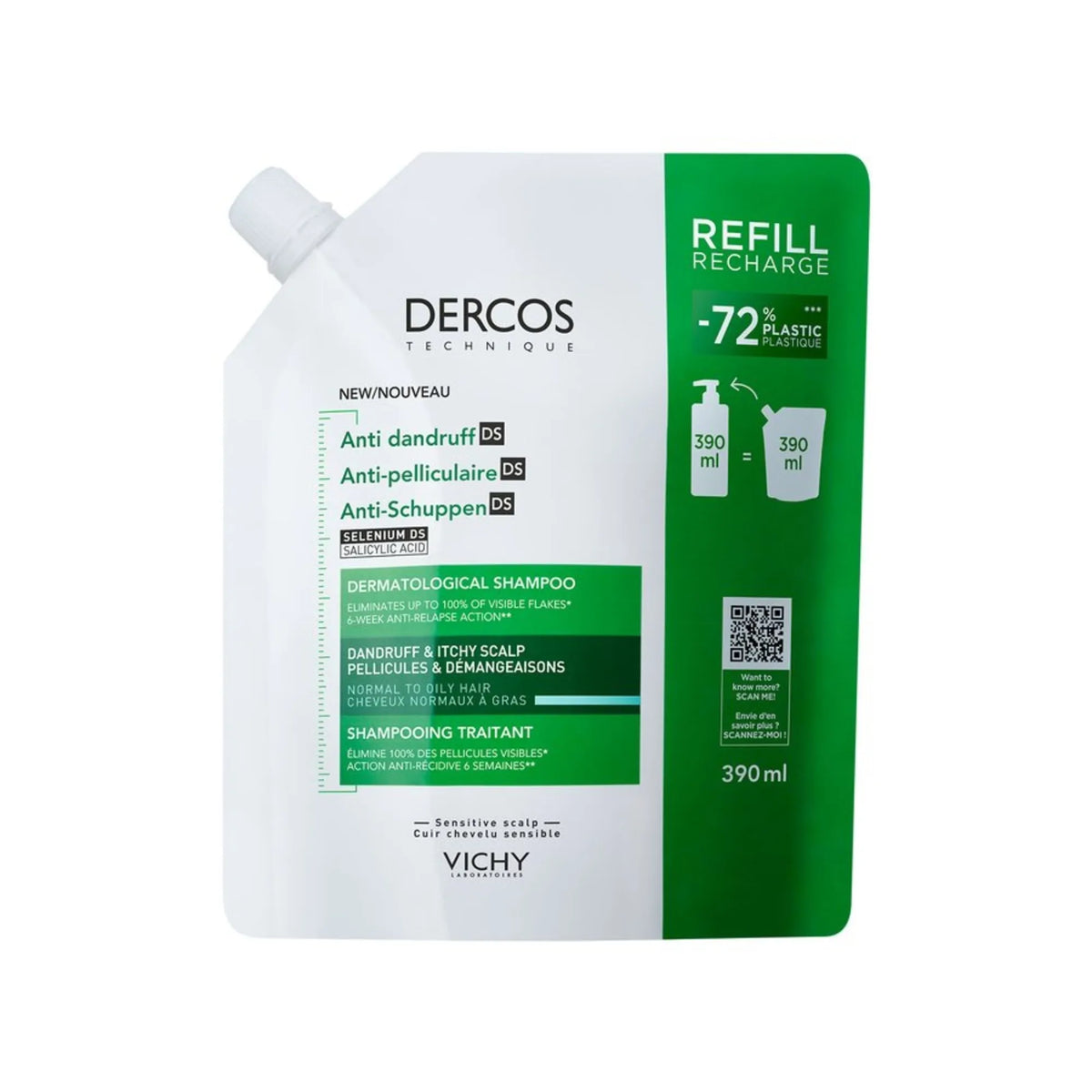 Vichy Dercos Anti-Dandruff Shampoo Refill for Normal and Oily Hair - 390ml
