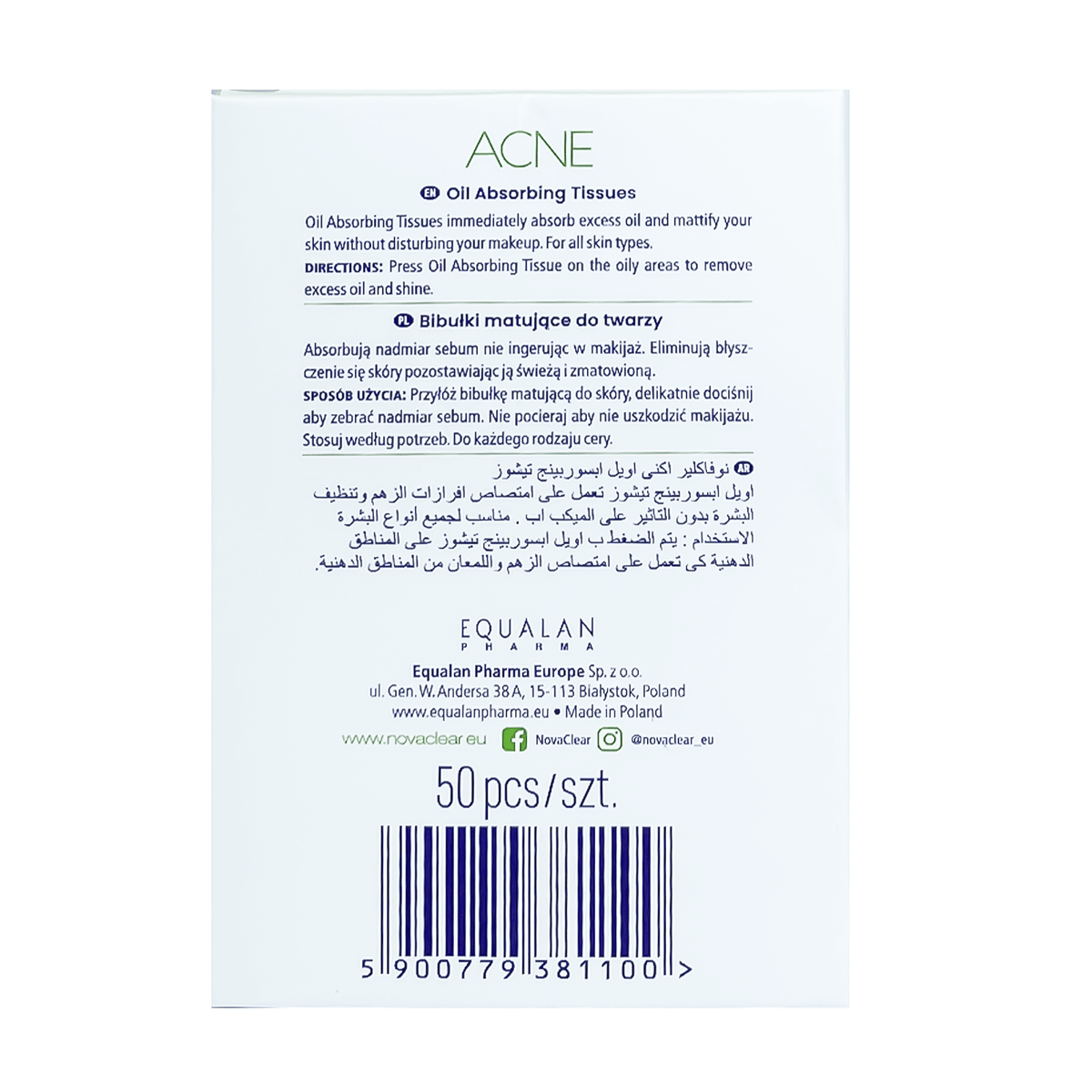 NOVACLEAR ACNE OIL ABSORBING TISSUES OIL CONTROL 50'S