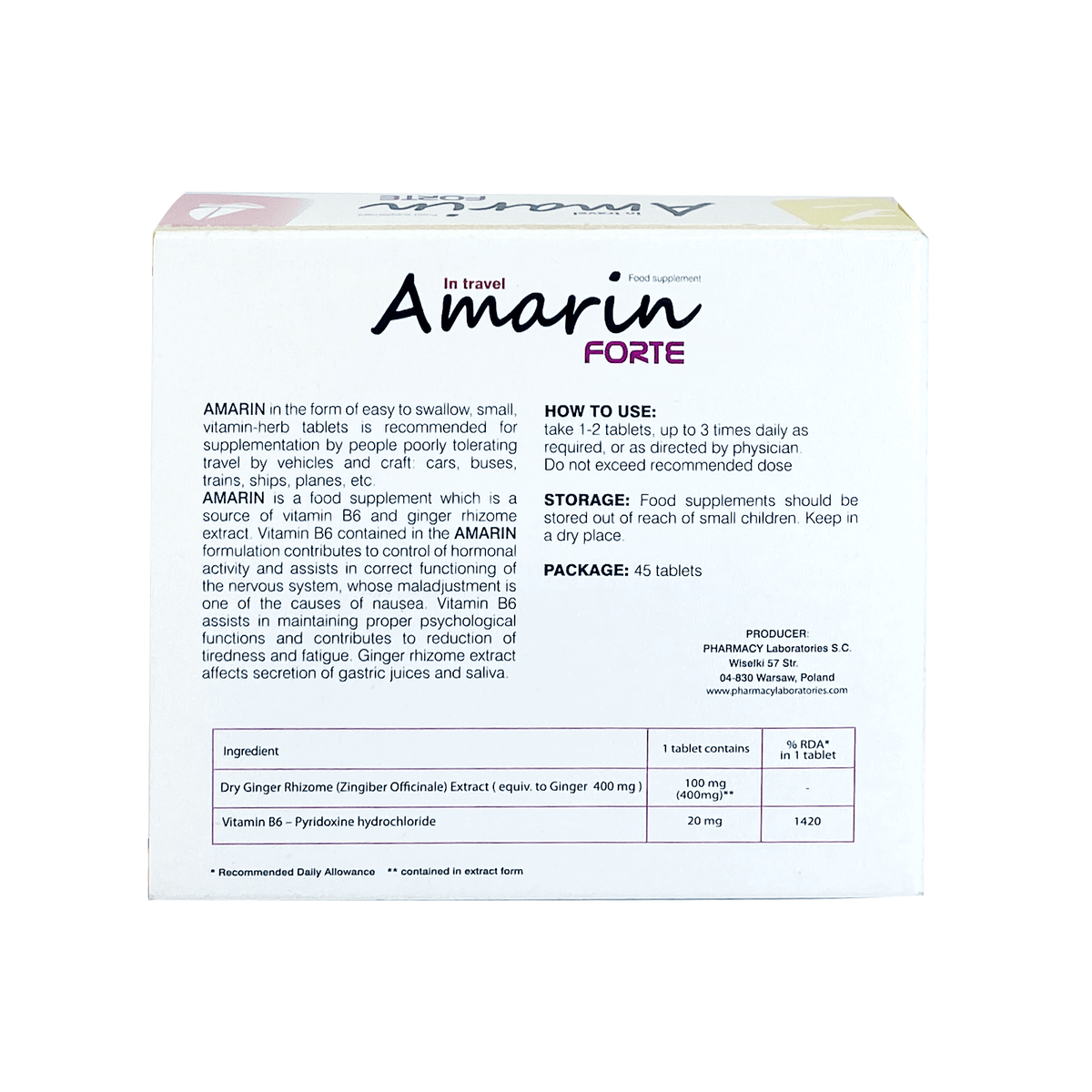 "Amarin Forte Tablets 45'S: Conquer Travel Sickness with Vitamin B6 & Ginger Extract"