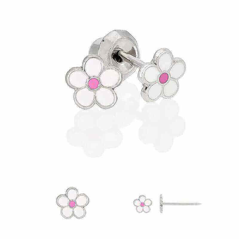 Inverness 867C White Gold Enamel Flower Earrings 14KT