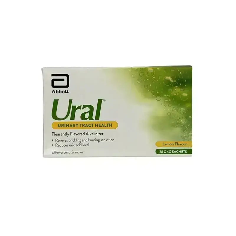 Packaging of ural effervescent Granules in Lemon Flavour for Urinary Tract Health, containing 28 sachets.